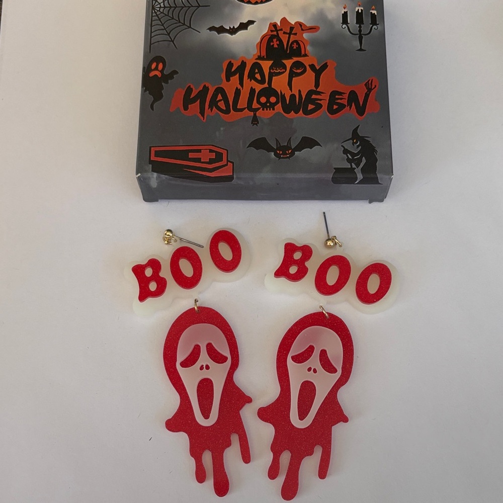Red and White Halloween Boo Earrings